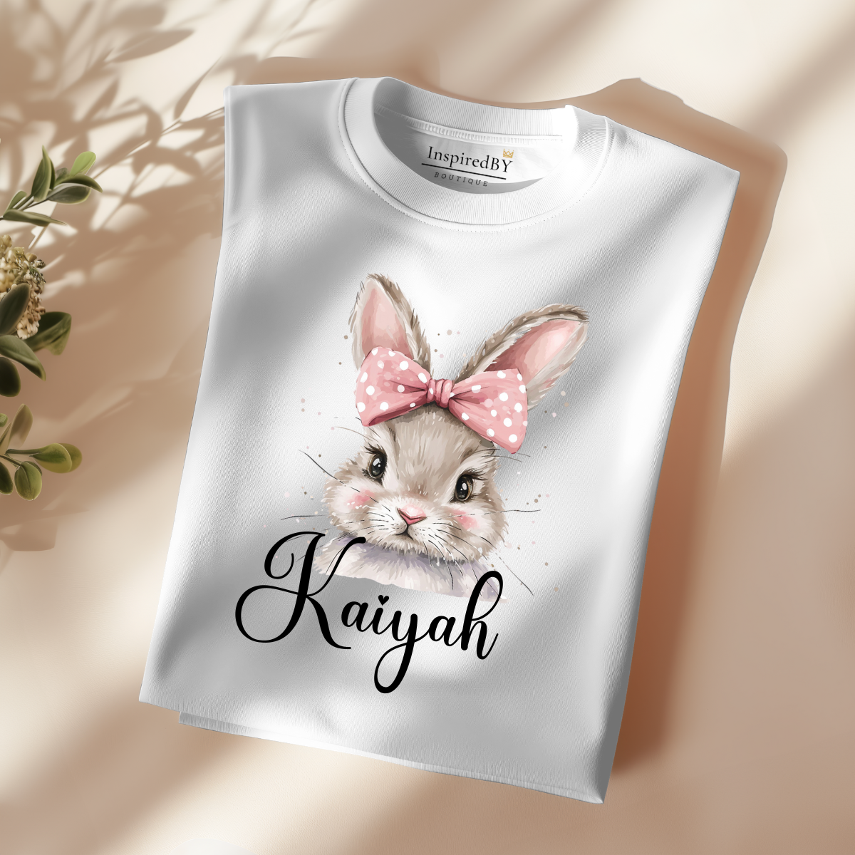 "Personalized Kids Bunny T-Shirt - Custom Name Soft Cotton Tee, Girls' Cute Rabbit Shirt with Polka Dot Bow, Customizable Children’s Fashion Top"
