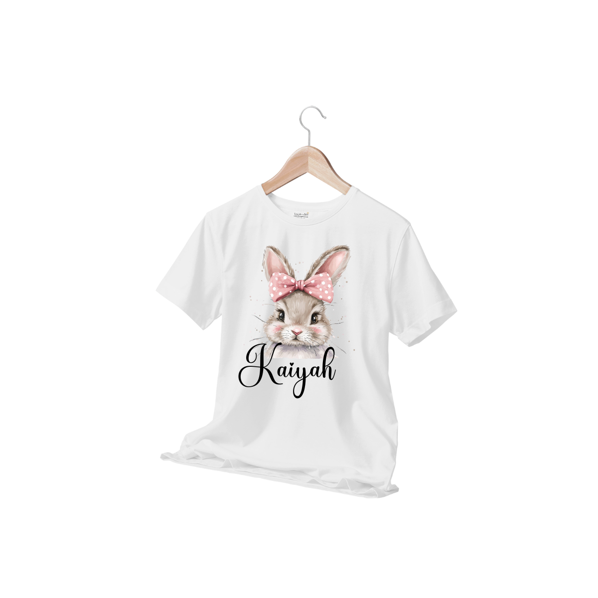 "Personalized Kids Bunny T-Shirt - Custom Name Soft Cotton Tee, Girls' Cute Rabbit Shirt with Polka Dot Bow, Customizable Children’s Fashion Top"
