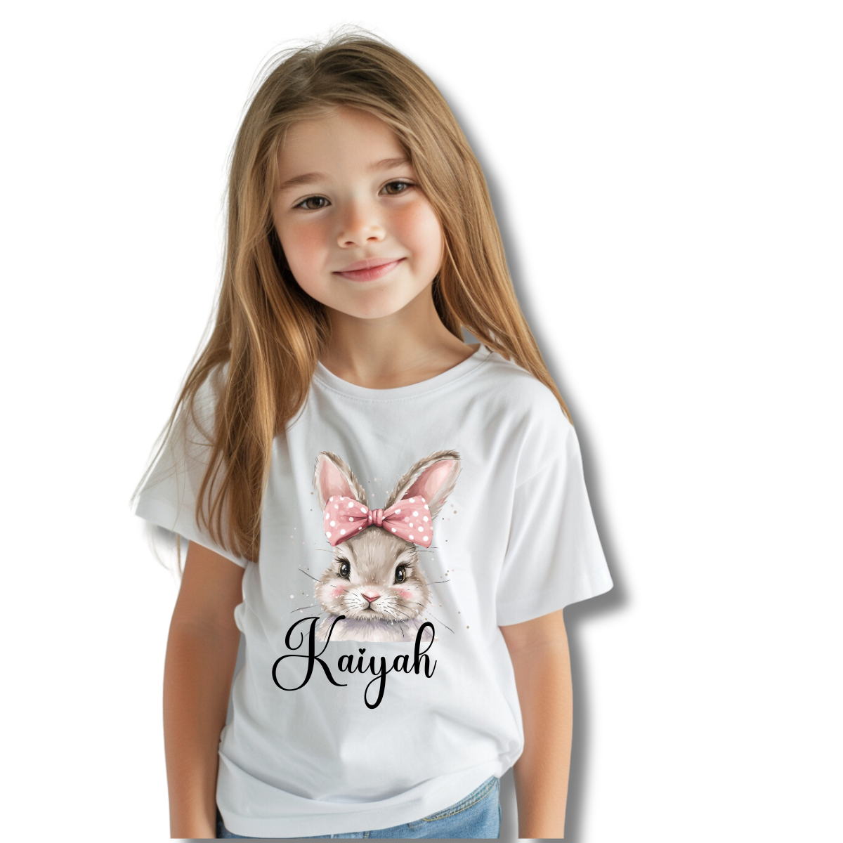 "Personalized Kids Bunny T-Shirt - Custom Name Soft Cotton Tee, Girls' Cute Rabbit Shirt with Polka Dot Bow, Customizable Children’s Fashion Top"