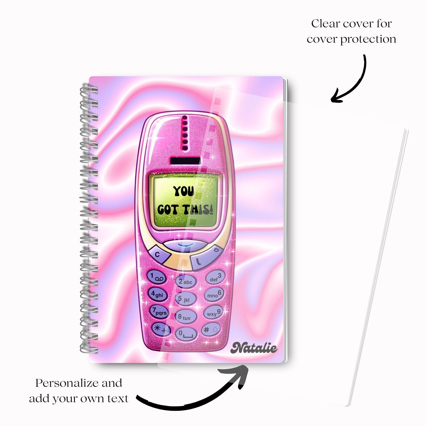 Retro 90s Cell Phone Notebook the perfect personalized gift for teens - Holographic Glitter, Motivational Diary, Gift for Her, Trending, Y2K