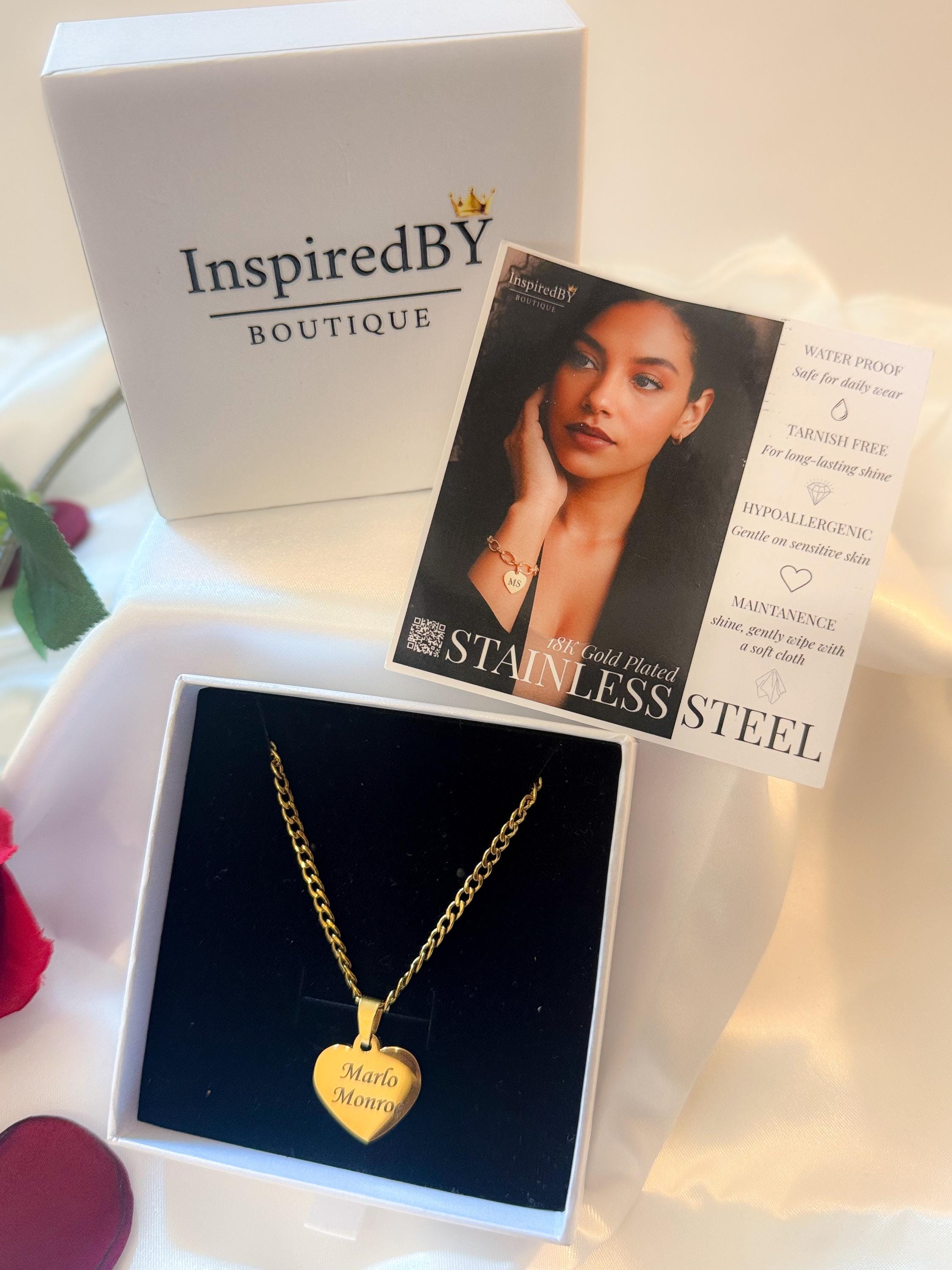 Personalized Heart Pendant Necklace: 18K Gold Engraved Stainless Steel