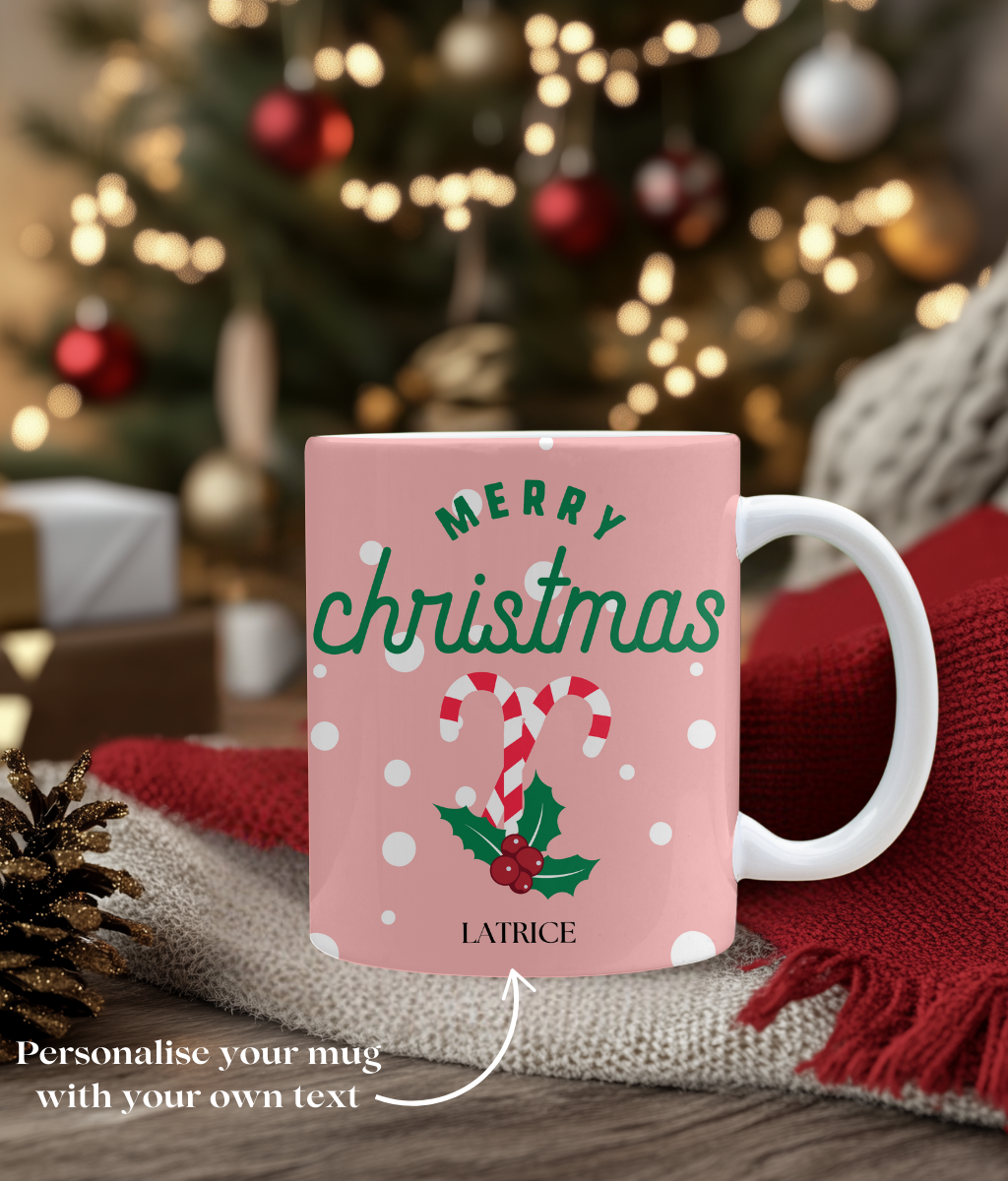 Pink Merry Christmas Candy Cane Mug